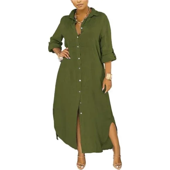 chinese dress ladies Chouyatou Women's Summer Casual Denim Shirt Dress Roll Up Long Sleeve –  CHOUYATOU